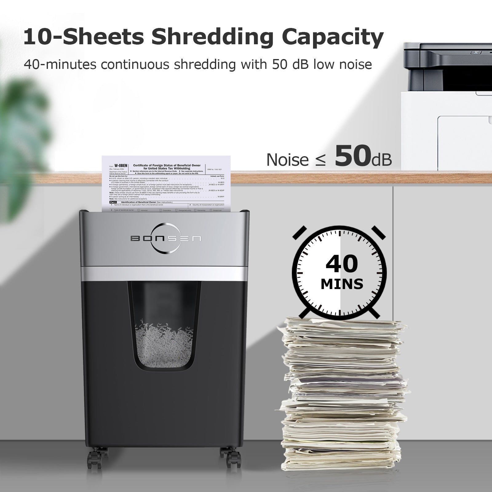 10 Sheet Micro Cut P5 Shredder | 40 Mins Running Time Document Shredders with 5.3 Gallons Bonsen S3106-N